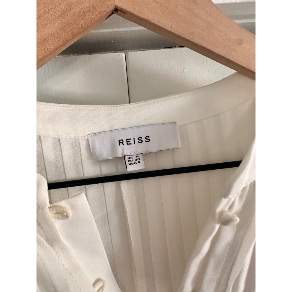 Reiss White Pleated Button Front Mini Dress Bell‎ Sleeve Band Collar Size 4 - Picture 5 of 7